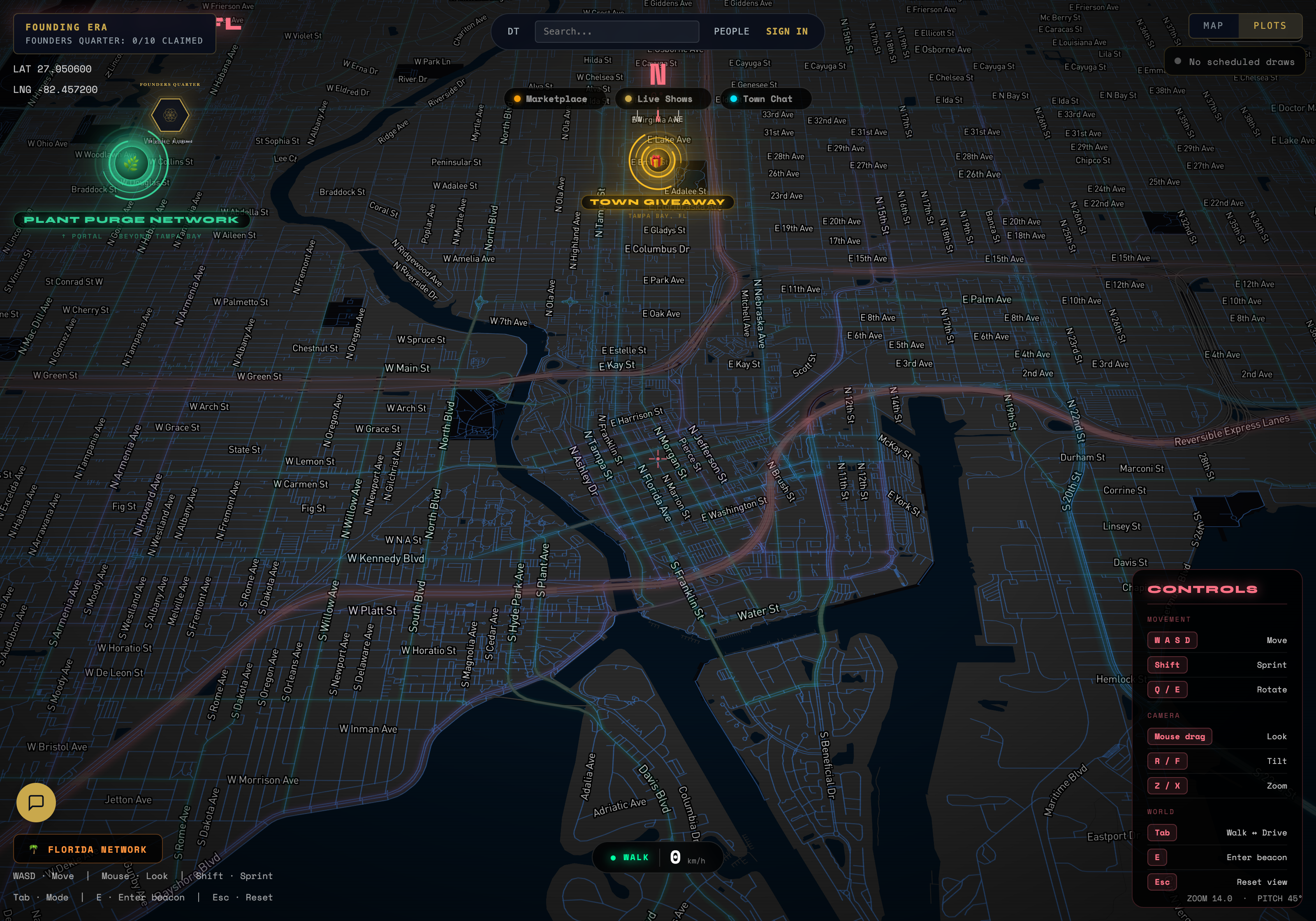 Digital Towns Tampa — live 3D map of Tampa Bay at digitaltowns.app/tampa, with neon street grid, Plant Purge Network badge, Town Giveaway marker, and on-screen controls.